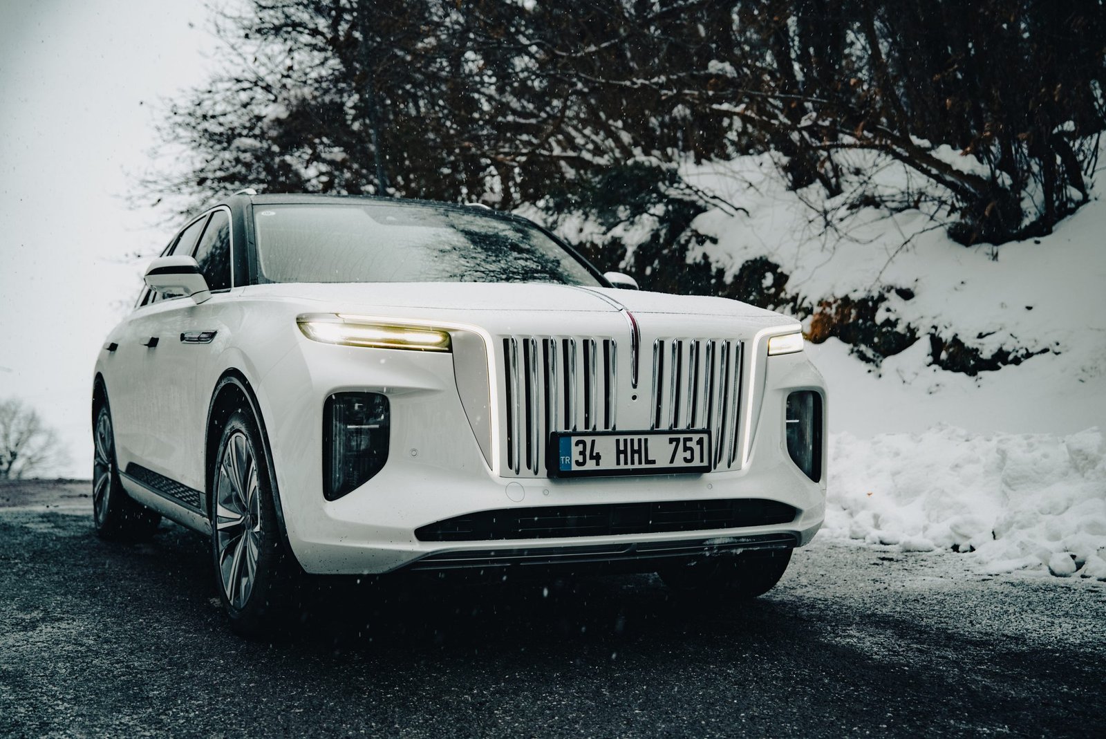 White luxury SUV standing before a snowbank and dark winter trees