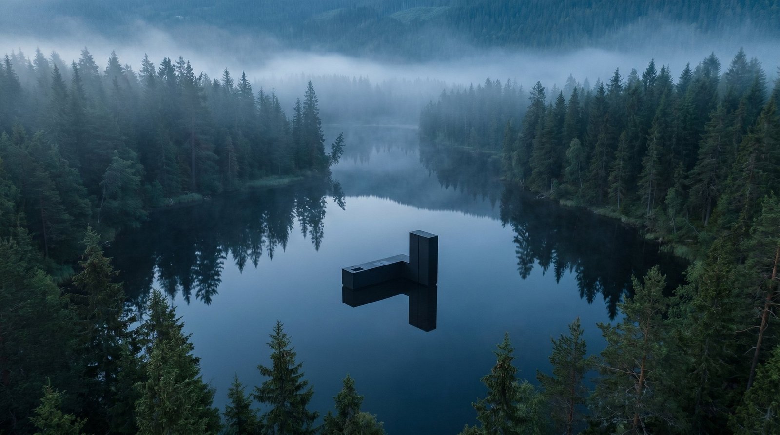 Aerial drone shot of a matte black kitchen island floating on a misty Nordic lake at first light
