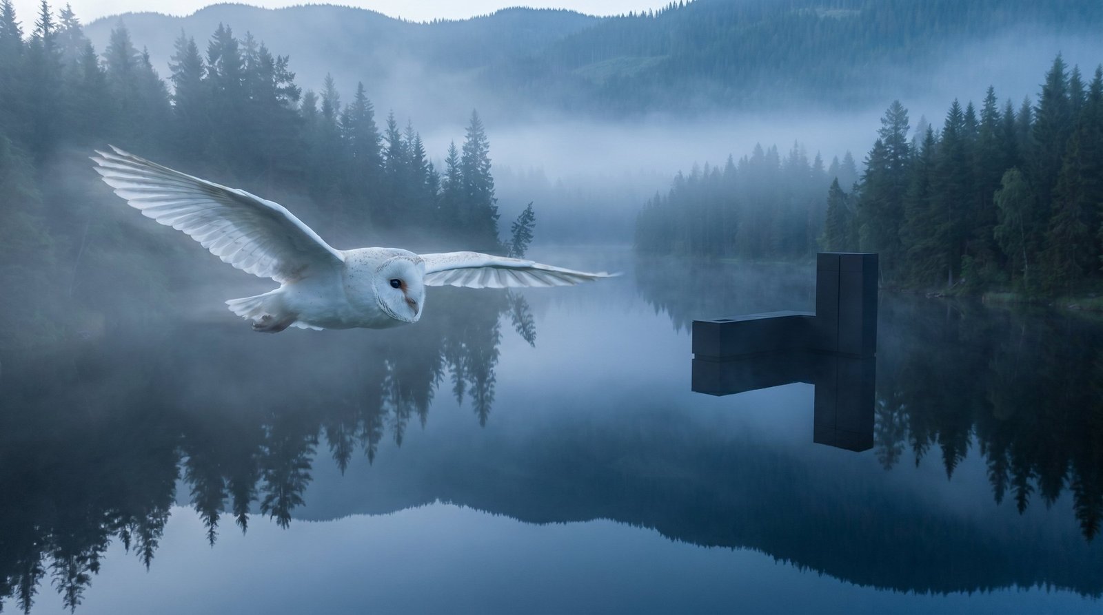 White barn owl in flight above a still lake, with a black kitchen island reflected on the water
