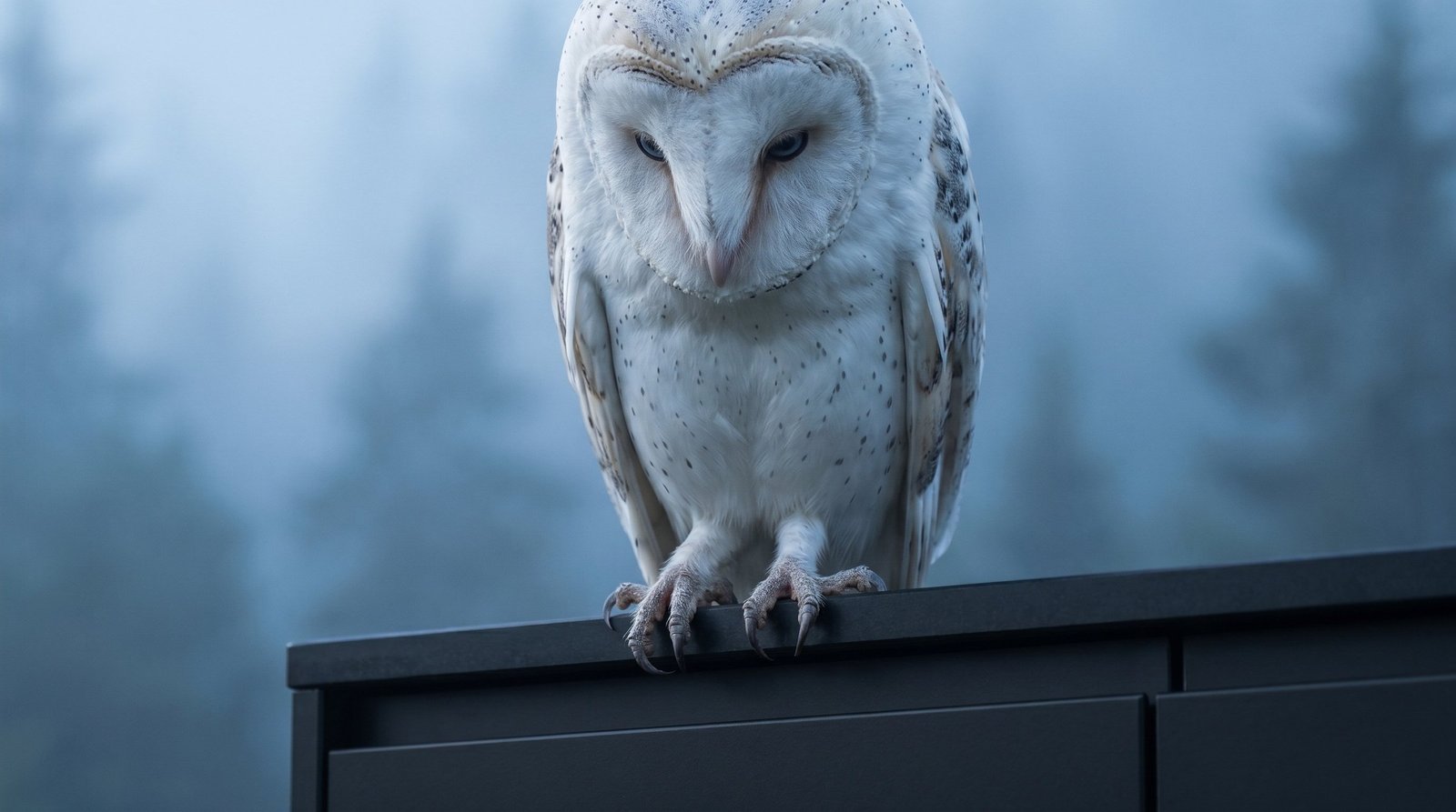 White barn owl perched atop a matte black kitchen island in soft morning light